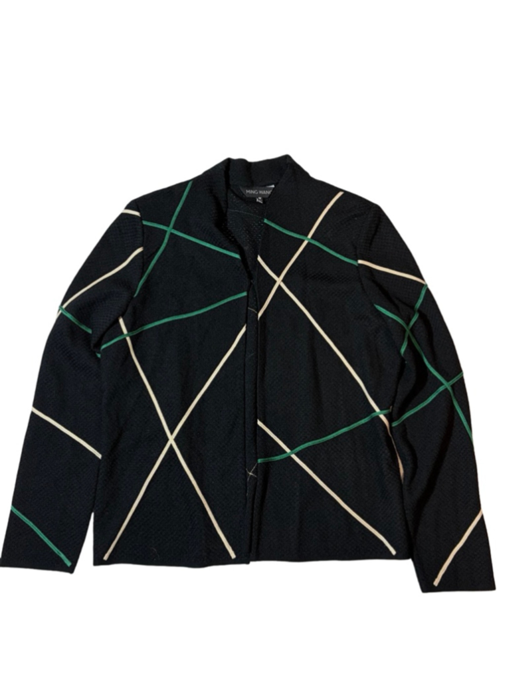 Ming Wang Textured Knit Open Front Jacket Black Green Abstract Lines Career M
